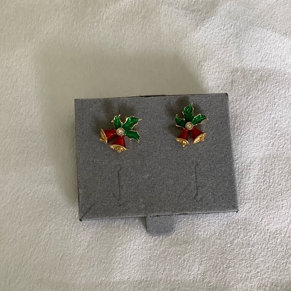 Christmas Bells & Holly Enamel Pierced Earrings